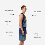 Back view of custom navy and gold basketball uniform showing back number and name placement on gradient pinstripe jersey
