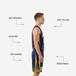 Back view of custom navy and gold basketball uniforms showing back number and player name placement on fully sublimated navy jersey