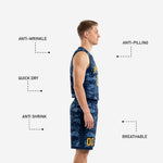 Back view of custom navy and gold basketball uniforms showing player name and number placement on digital camo jersey