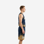 Men's navy and gold basketball uniform front view showing arced team name, front number, V-neck, and gold splash sublimation on jersey and shorts