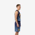 Adult male wearing custom navy and gold basketball uniform with arced team name and gold number on gradient pinstripe jersey