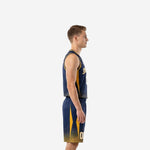 Men's custom navy and gold basketball uniform front view with arched team name, front number, and gold V-neckline trim on navy jersey