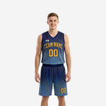 Custom navy and gold basketball uniforms full set front view with pinstripe gradient jersey and matching shorts for team orders