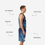 Back view of custom navy and gold basketball jersey showing player name and back number in white with cream outline