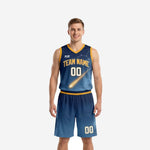 Custom navy and gold basketball uniforms with galaxy gradient comet print, front and back view of the full 2-piece set