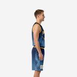 Front view of custom navy and gold basketball uniform set with arced gold team name and comet graphic on navy jersey