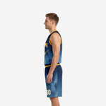 Side view of navy and gold sublimated basketball uniform showing gold armhole binding and matching shorts waistband stripe