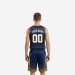 Opposite side view of custom navy and gold basketball uniform displaying athletic cut and gold side panel detail on matching shorts