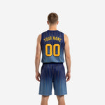 Second side view of navy and gold pinstripe basketball uniform set showing gradient fade and shorts number placement