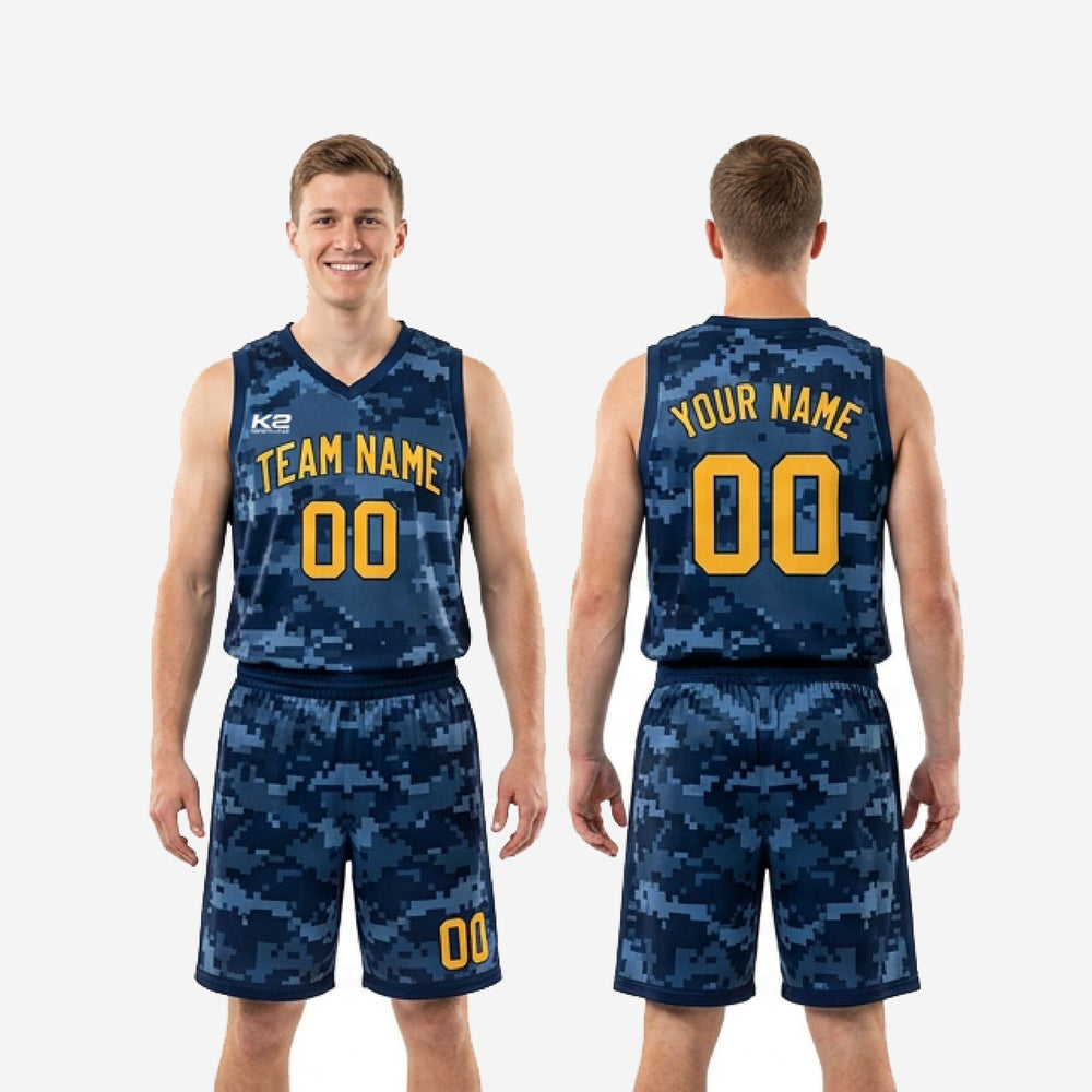 Custom Navy and Gold Basketball Uniforms - Full Squad Camo Set