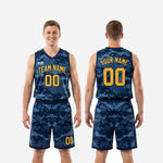 Size and specification chart for navy and gold basketball uniform set covering youth and adult sizes