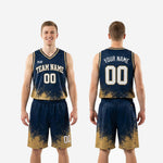 Size and specification sheet for custom navy and gold basketball uniforms available in youth and adult sizes