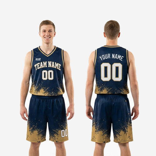 Size and specification sheet for custom navy and gold basketball uniforms available in youth and adult sizes