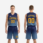 Size and specification sheet for custom navy and gold basketball uniforms showing youth and adult sizing options