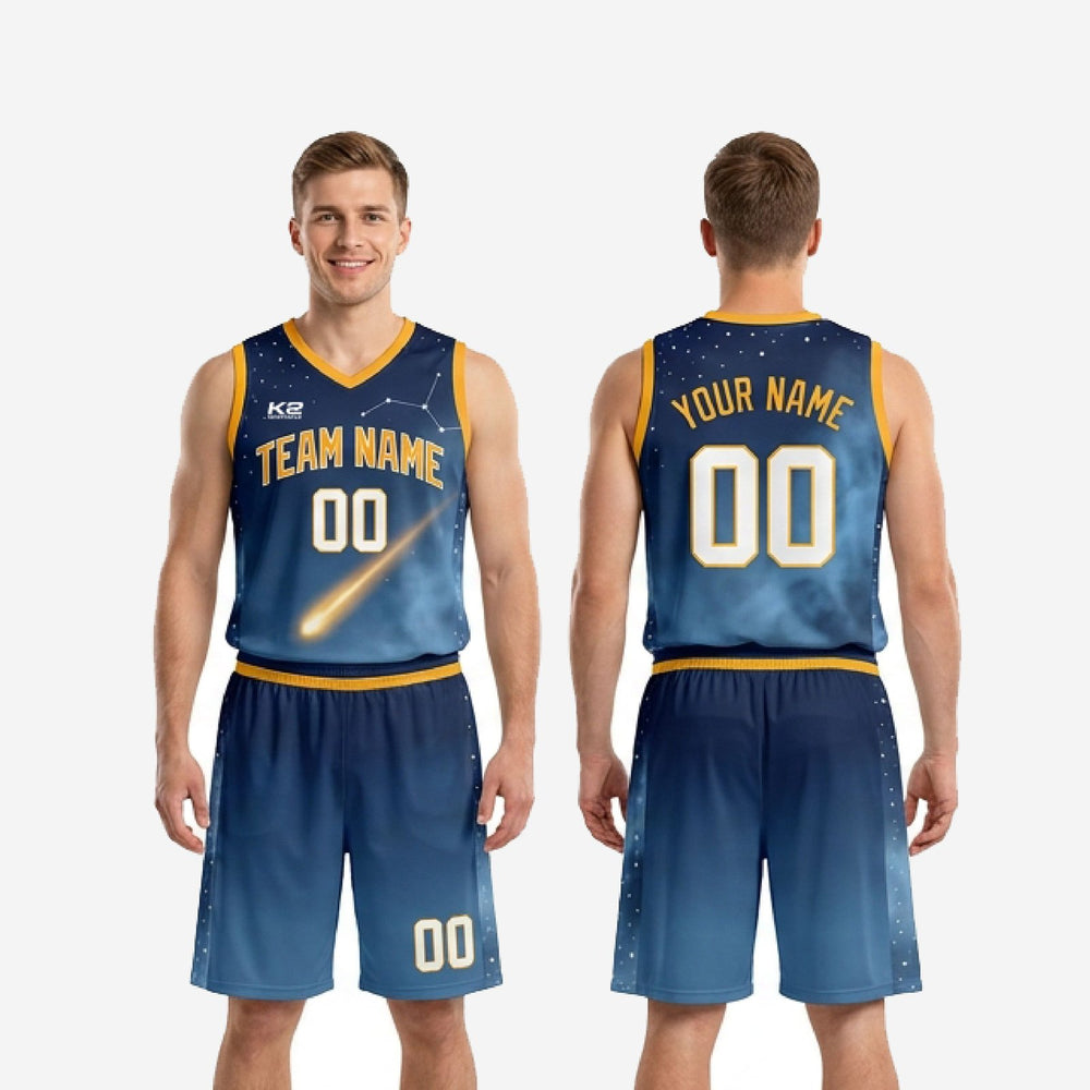 Sublimated Custom Navy and Gold Basketball Uniforms - Galaxy Print