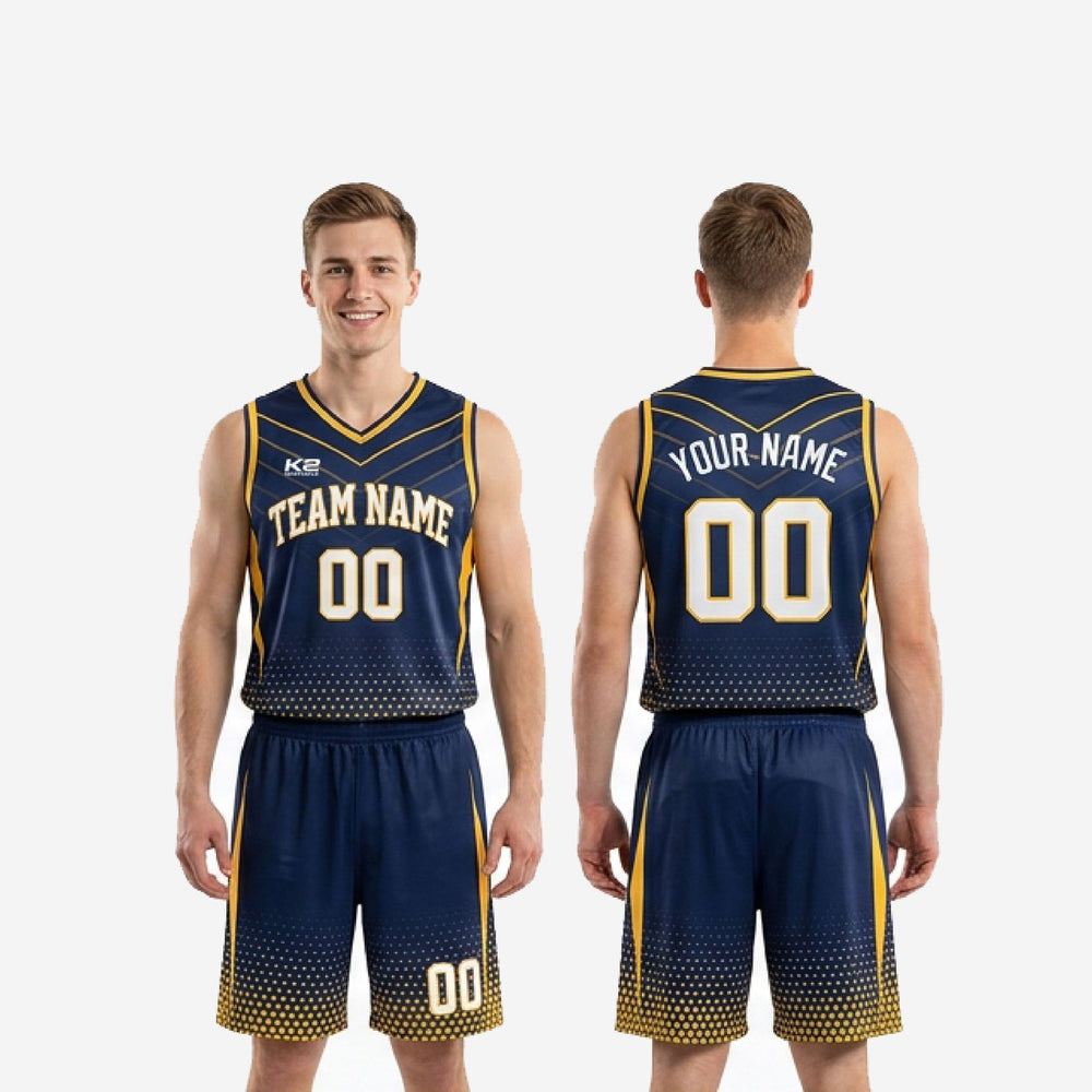 Season Long Custom Navy and Gold Basketball Uniforms - Sublimated Set