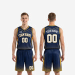 Size and specification sheet for custom navy and gold basketball uniforms showing youth and adult size run for team roster ordering