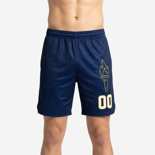 Navy basketball shorts with gold torch crest and white-outlined number 00 on right thigh panel, front view, custom made to order for teams and leagues