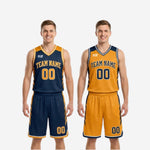 Full set view of the custom reversible basketball uniform in navy and gold with jersey and matching shorts laid out together