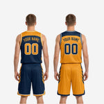 Size and specification sheet for the custom navy and gold reversible basketball uniform covering youth and adult sizing options