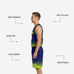 Back view of navy reversible basketball jersey and matching halftone gradient shorts showing back number placement