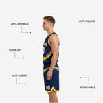 Back view of navy and gold reversible basketball uniform showing back number and player name placement on sublimated navy side