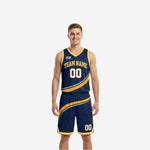 Custom navy and gold reversible basketball uniforms showing navy side front and gold side front with diagonal stripe design, team name, and number 00