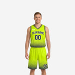 Custom reversible basketball uniform neon yellow-green side with navy halftone gradient shorts and navy team name and number 00 on chest
