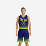 Navy and gold reversible basketball uniforms front view showing halftone dot gradient from navy to neon yellow-green with arced team name and number 00