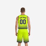 Reverse side view of gold and navy reversible basketball uniform showing V-neck neckline and gradient leg panel on matching shorts