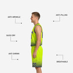 Close detail of navy and neon gold halftone dot gradient pattern on reversible basketball uniform shorts leg panel