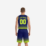Side view of navy and gold reversible basketball uniform showing bound armhole and matching halftone shorts side panel