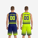 Size and specification sheet for custom navy and gold reversible basketball uniforms covering youth and adult sizing