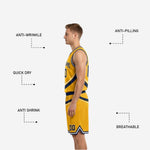 Size and specification sheet for custom navy and gold reversible basketball uniforms showing youth and adult sizing across the full roster