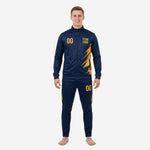 Custom navy and gold soccer tracksuit full set front view, full-zip jacket and tapered pants with Athletic Gold brush-stroke splash panel