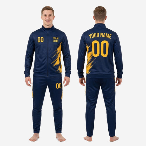 Full 2-piece custom navy and gold soccer tracksuit set in athletic cut, sizes YS to 3XL, full-dye sublimation print