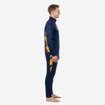 Navy and gold soccer tracksuit side view showing Athletic Gold sublimated diagonal panel on jacket and matching pant leg panel
