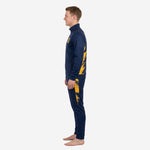 Custom navy and gold soccer tracksuit right side view showing full-length sublimated splash panel alignment from jacket to pants