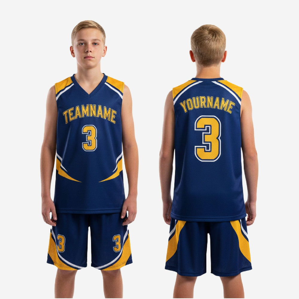 V-Neck Custom Navy and Gold Youth Basketball Uniform Set