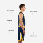 Back view of navy and gold youth basketball uniform showing back player name, back number placement, and navy shorts waistband stripe detail