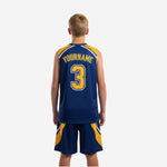 Back view of custom navy and gold youth basketball uniform set showing back number placement and matching shorts design