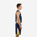 Custom navy and gold youth basketball uniform front view with V-neck binding, arced team name across chest, and matching gold-panel shorts