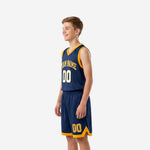 Youth basketball uniform size and specification sheet for navy and gold two-piece custom sublimated set showing available youth sizes across full roster range
