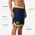 Back view of custom navy basketball shorts showing full navy body, gold waistband stripe, and hem band construction