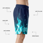 Back view of custom navy basketball shorts with back number placement and blue flame pattern across the full hem circumference