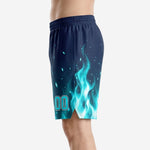 Right-side view of custom printed navy basketball shorts with varsity block number 00 in cyan and white, full flame hem wrap visible