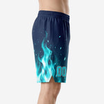Side view of custom navy basketball shorts showing the cyan flame hem design, ribbed elastic waistband with internal drawcord, and small side split at the leg opening