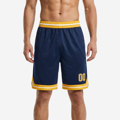 Navy basketball shorts with gold chevron hem band and striped elastic waistband, player number 00 on lower left thigh, front view