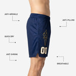 Size and specification sheet for custom navy basketball shorts available in youth and adult sizes for full roster ordering