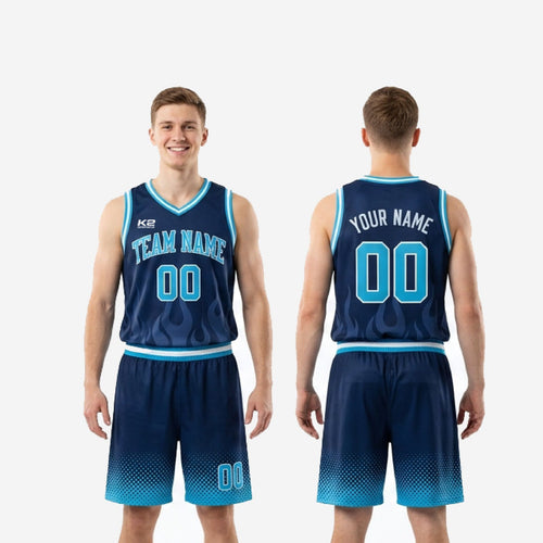 Flame Print Navy Blue Basketball Uniform | Custom Team Set